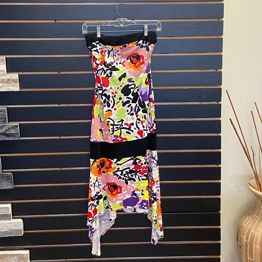 Y Yigal printed strapless midi cocktail dress with asymmetrical hem.